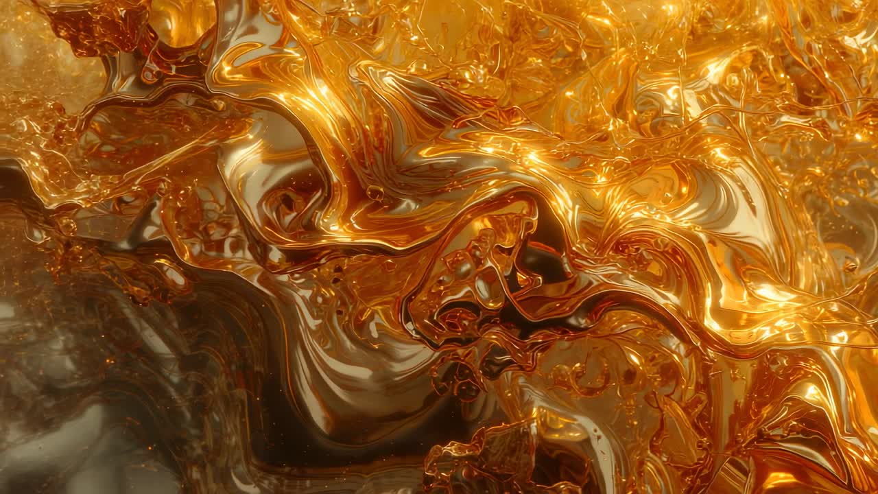 Opening on gold liquid mass undulating then swirling in space, with filaments, droplets