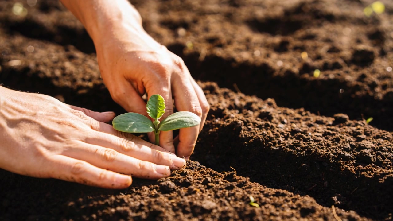 Lowering hands planting seedling over shallow hole in garden bed, smoothing soil, securing plant