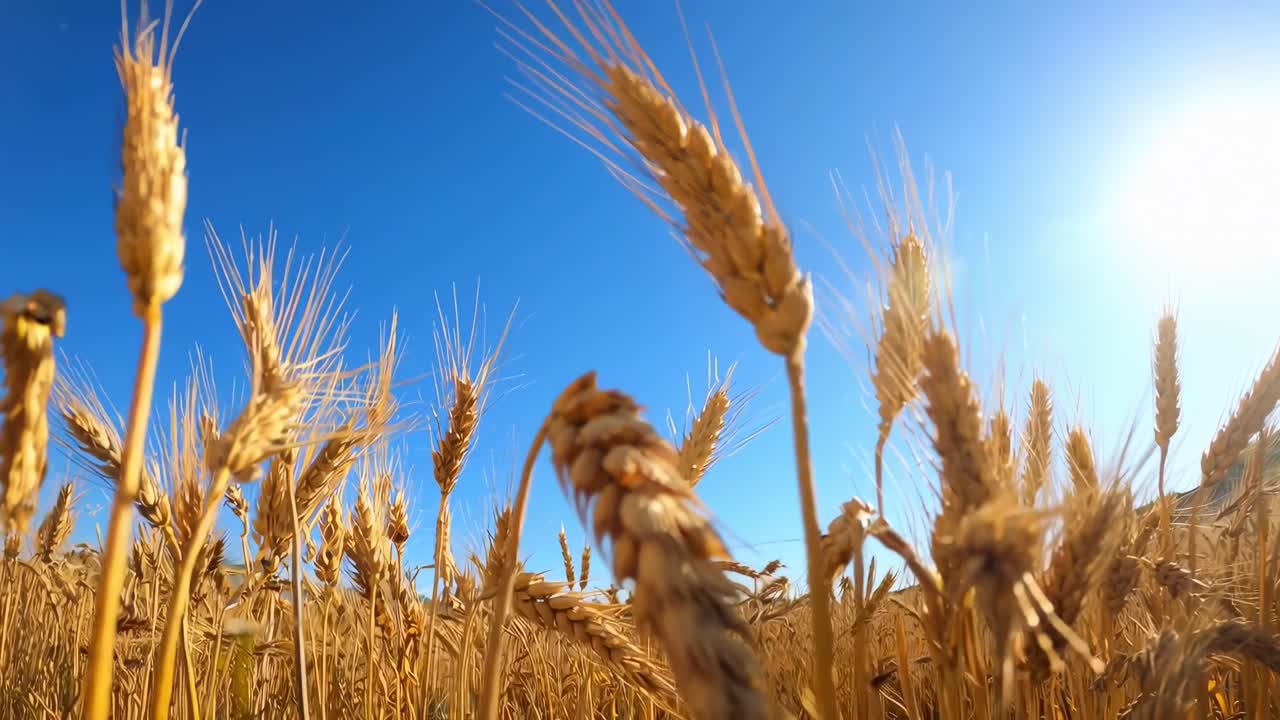 Low-angle video of golden wheat fields under a clear blue sky, capturing the sun's glow, Live
