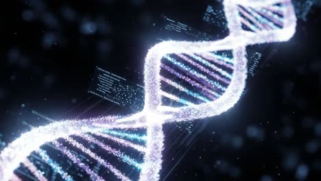 a stunning visualization of dna helix structure featuring abstract glowing particles and code-like data overlays representing genetic information and scientific research