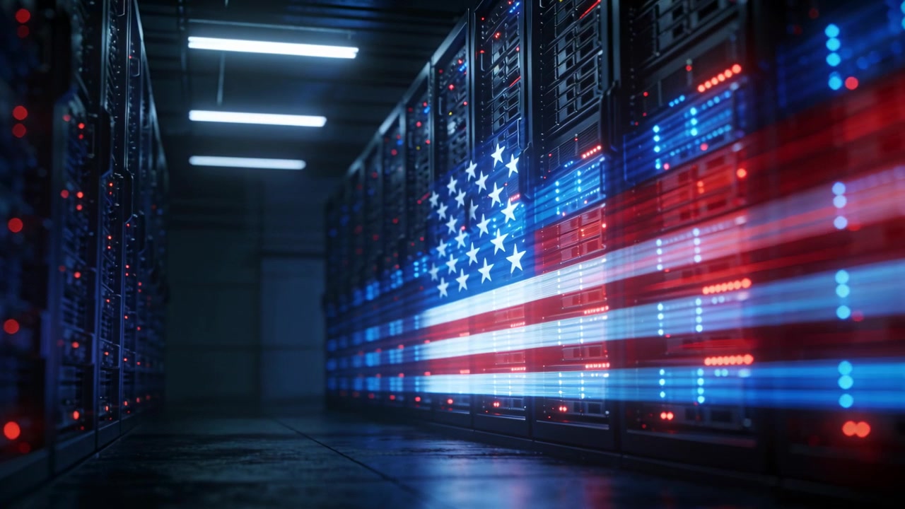 LED-Panels starten Animation, animierte rechte Racks pulsieren US-Flagge über glänzendem Boden, Platz für Text.