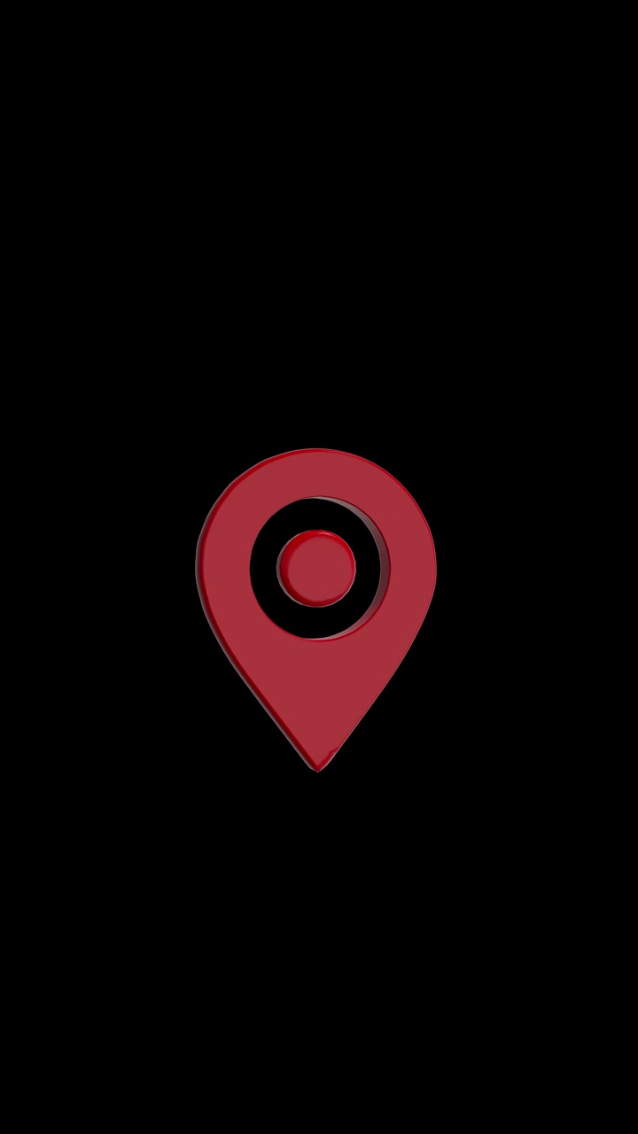 Red location pin icon on a black background with glossy target center clean isolation and modern