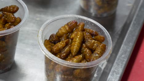 Fried-bamboo-worm-salted-at-thailand-Asian-street-food-night-market-in-disposal-cup-plastics