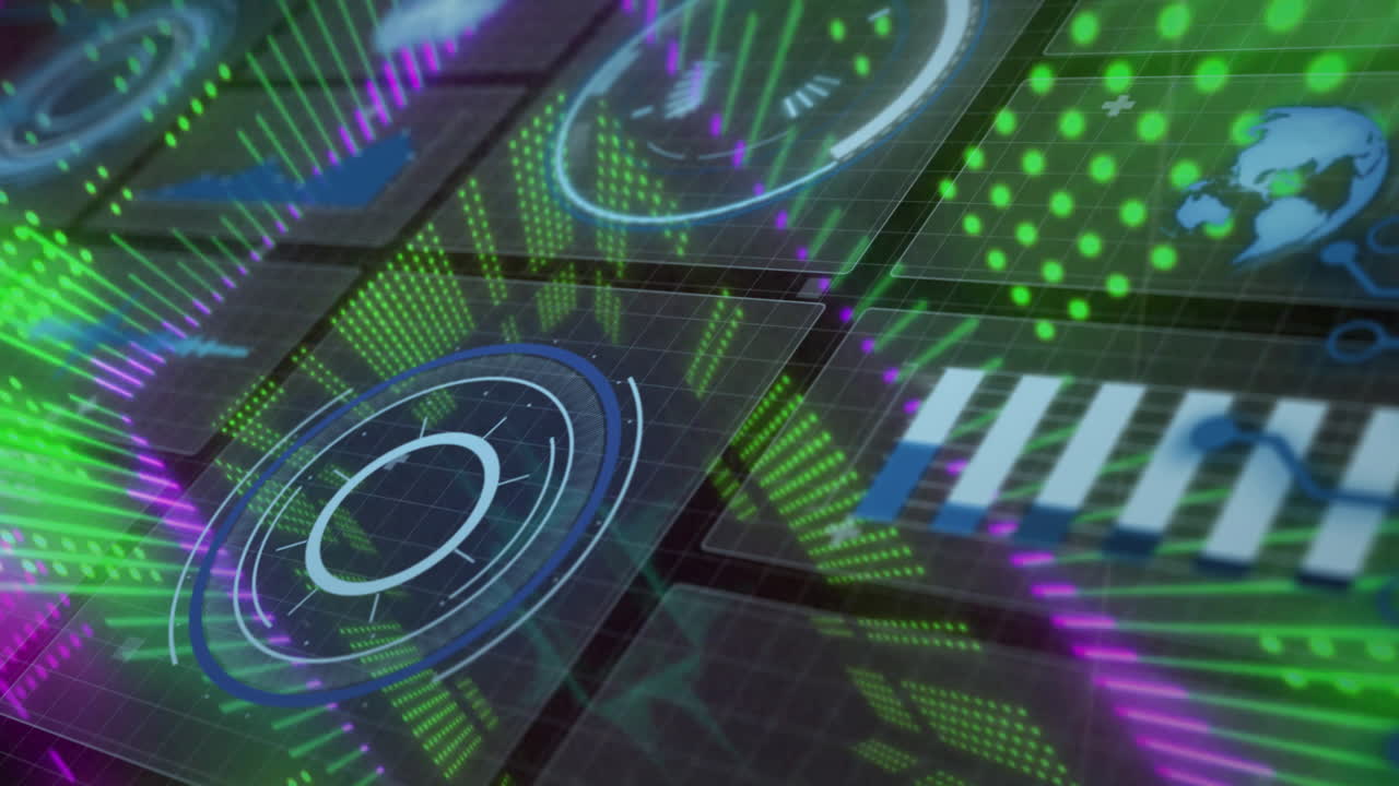 Displaying animation of futuristic data visualizations and graphs in vibrant colors