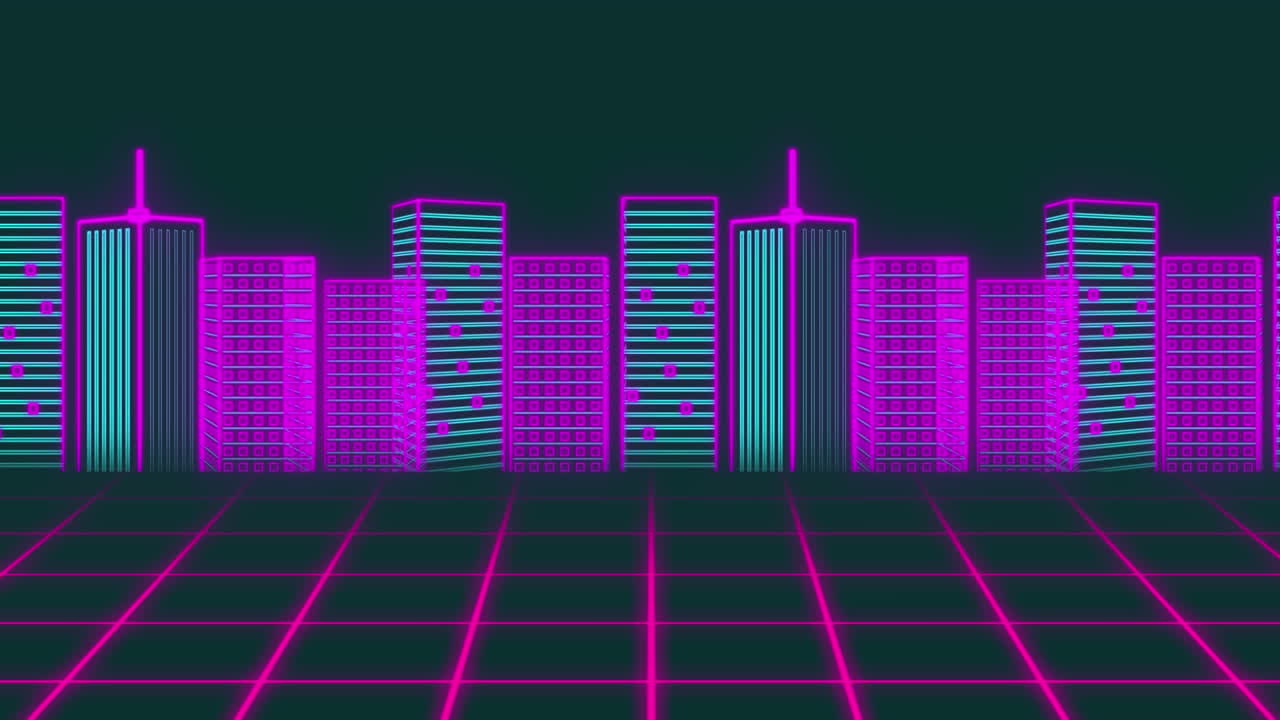 네온 3d 도시 풍경 모델의 애니메이션은 검은 바탕에 그리드 네트워크를 통해 진행됩니다.