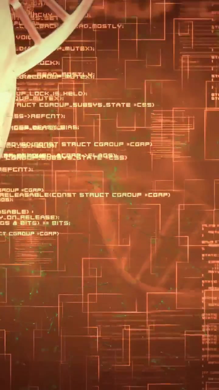 Video verticale: Codice che si illumina, elica che ruota e scorre, griglie che si animano, visualizzando dati sul DNA.