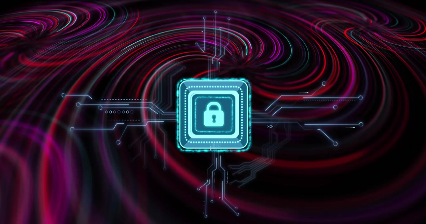 Cyan microchip square being animated amid swirling data trails with padlock and circuit traces