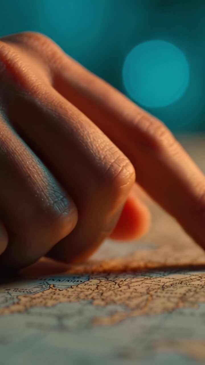A close-up view of a hand gently tracing the contours of a map, illustrating exploration and discovery with vibrant background colors enhancing the experience.