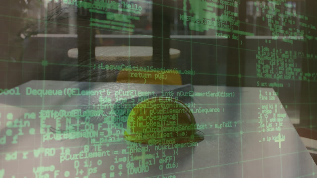 animación del procesamiento de datos sobre el casco en una oficina vacía