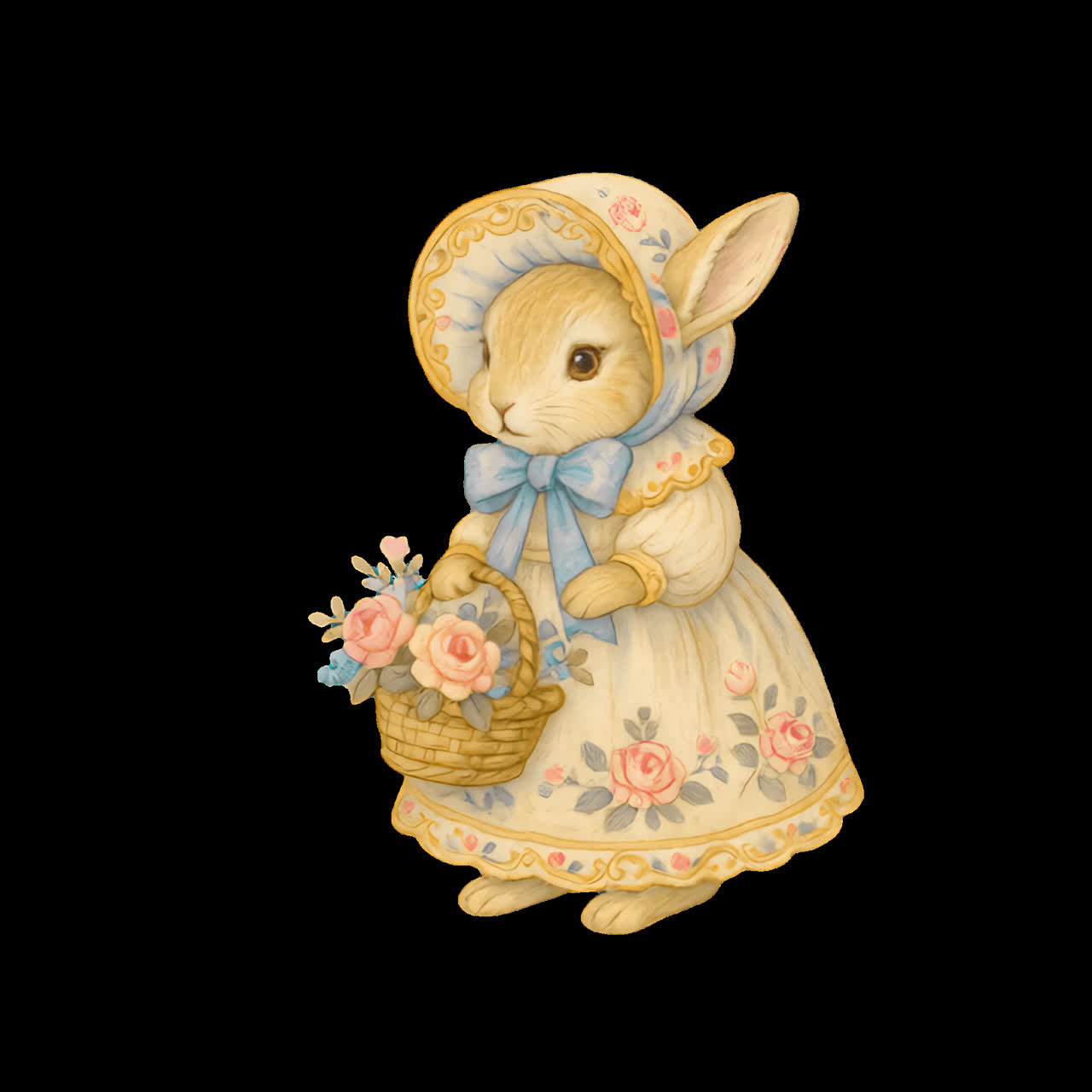 Charming rabbit in vintage attire animation isolated asset, transparent 4K video, alpha channel