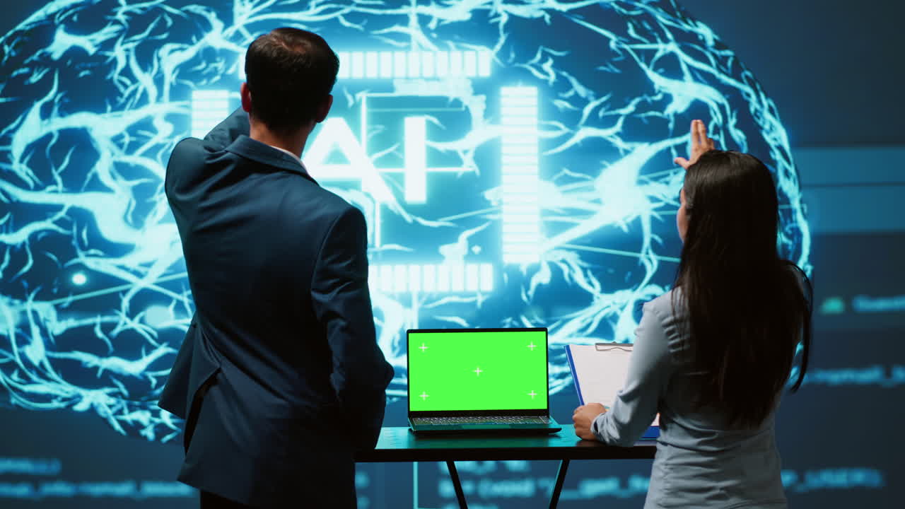 AI developers using isolated screen device for business data analysis