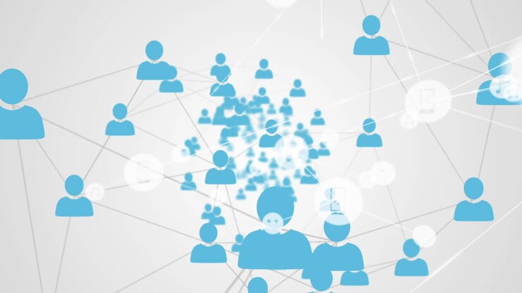 Animazione di una rete di connessioni con icone su sfondo grigio