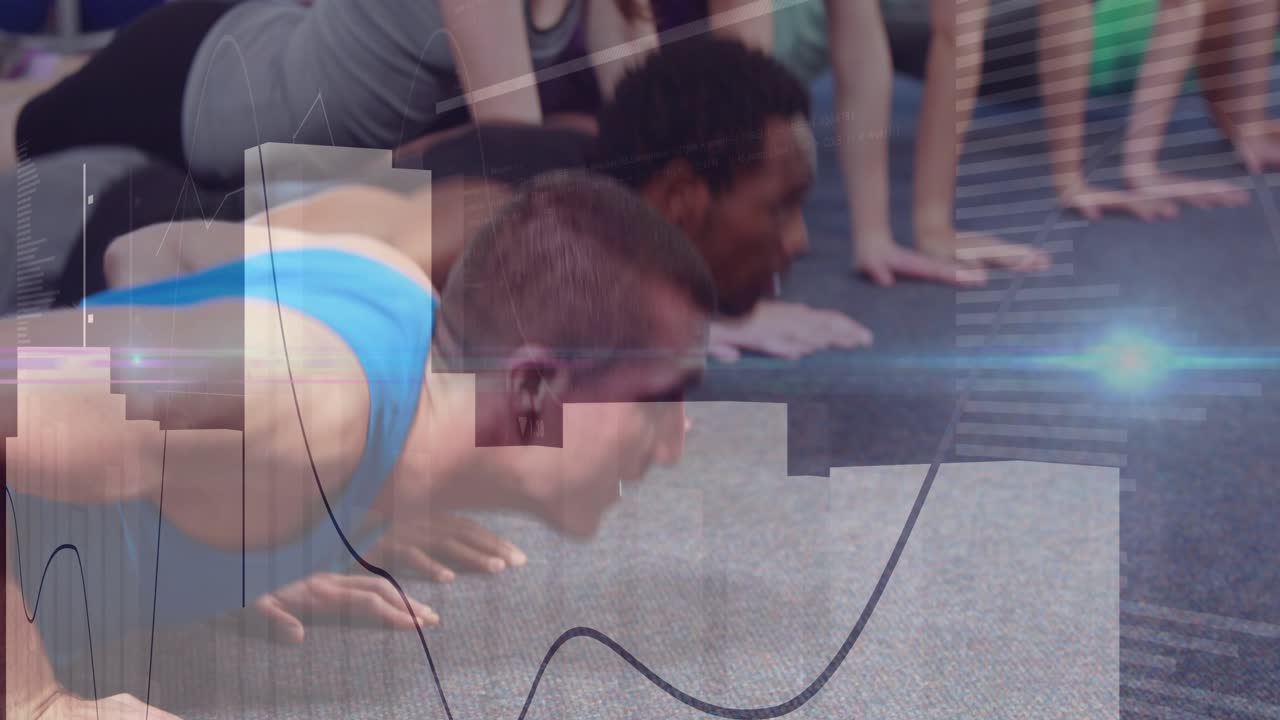 Fitness group on cue doing push-ups, shots tightening, faint lines marking hands, building strength