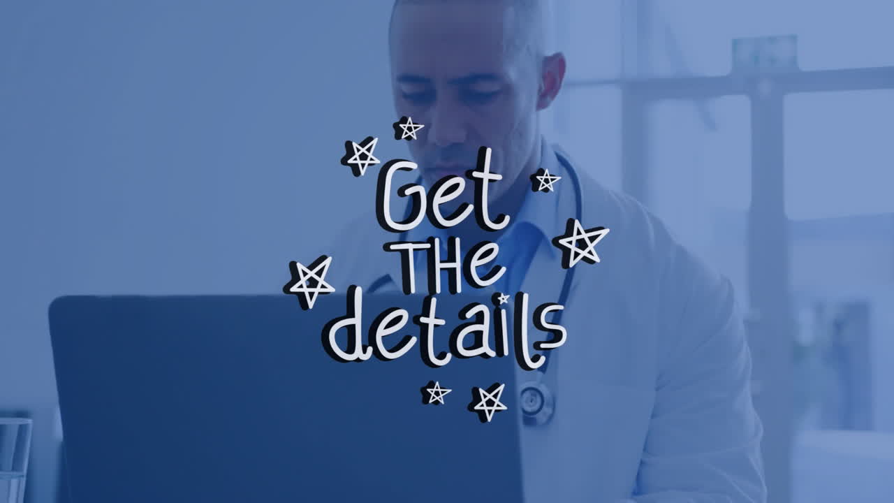 Doctor reviewing health data on laptop in clinic, displaying Get details overlay with star doodles