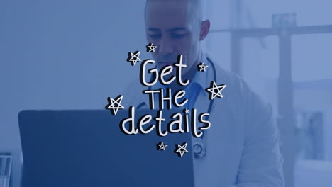 doctor reviewing health data on laptop in clinic, displaying get details overlay with star doodles