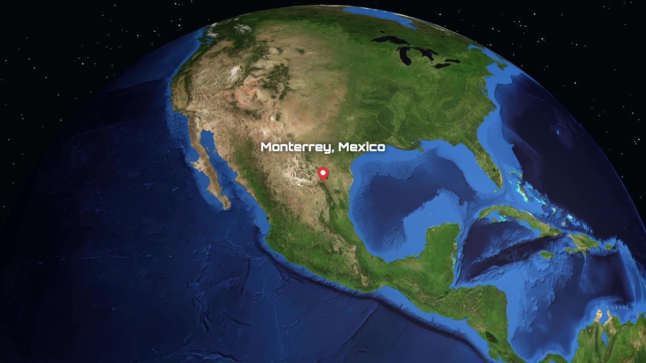 Una animación digital se acerca desde el espacio profundo a la Tierra, señalando Monterrey, México con texto