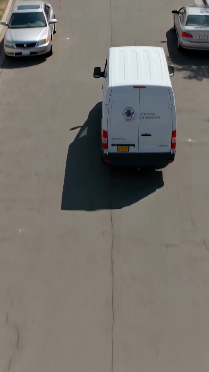 Video verticale: Furgone bianco da carico in movimento che si allontana lungo una strada residenziale, superando auto parcheggiate.