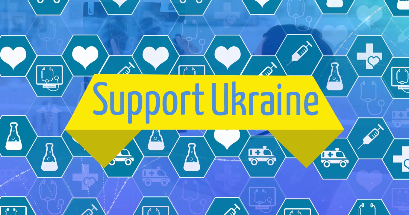 Animazione di supporto all'Ucraina su esagoni con icone su sfondo blu