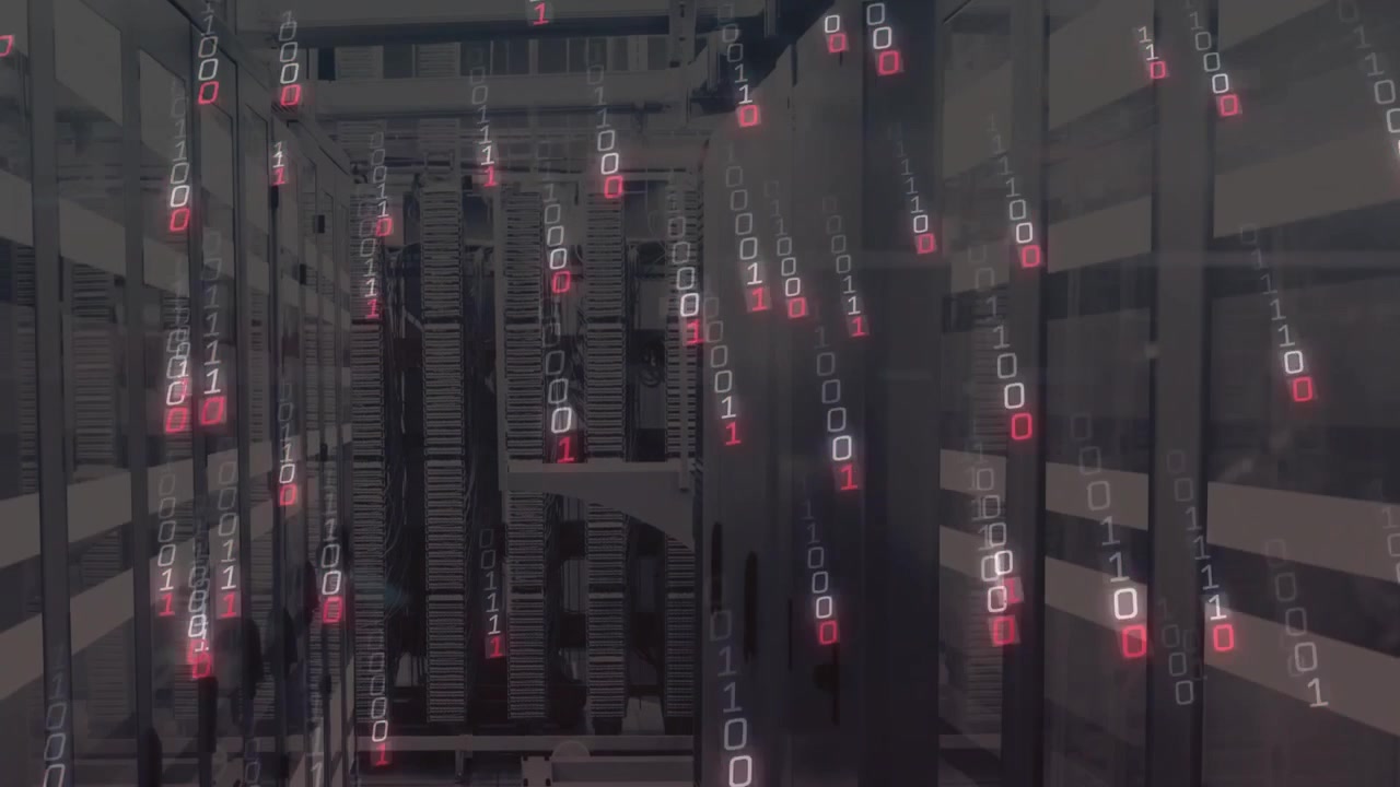 Illuminated binary digits appearing at server rack tops and streaming down to visualize data flow