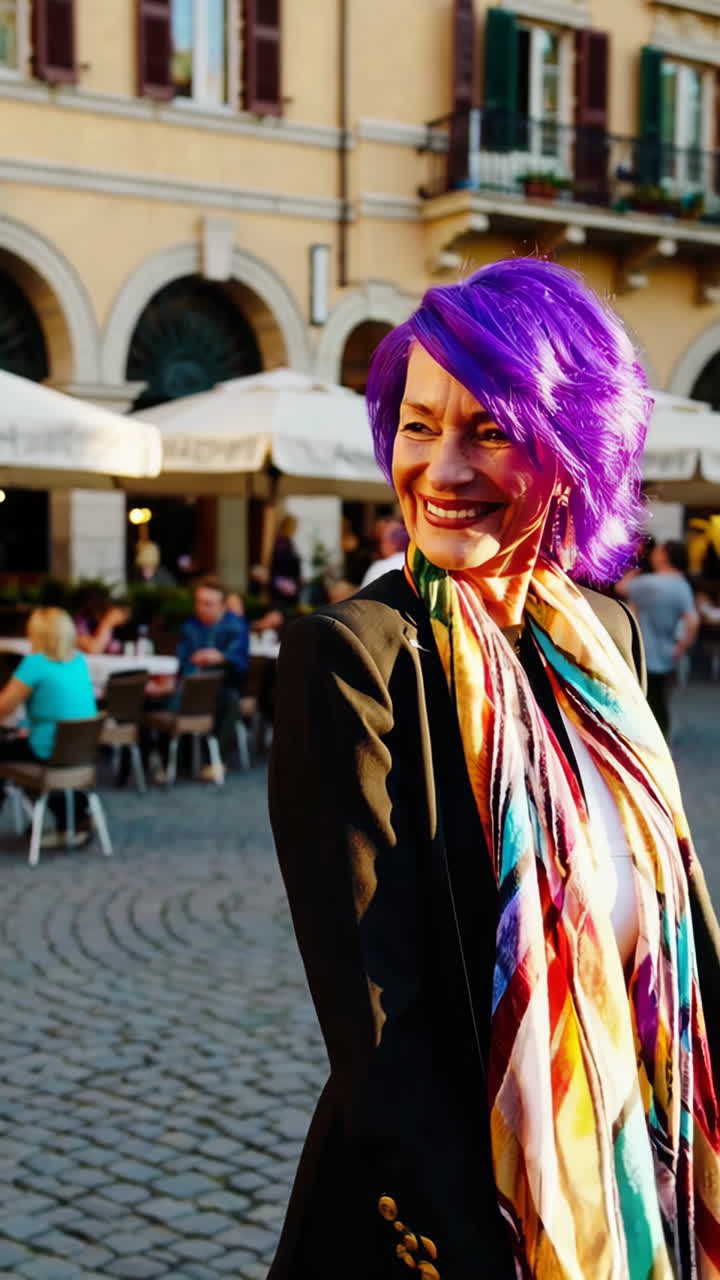 A happy woman with purple hair and a colorful scarf in a lively city square