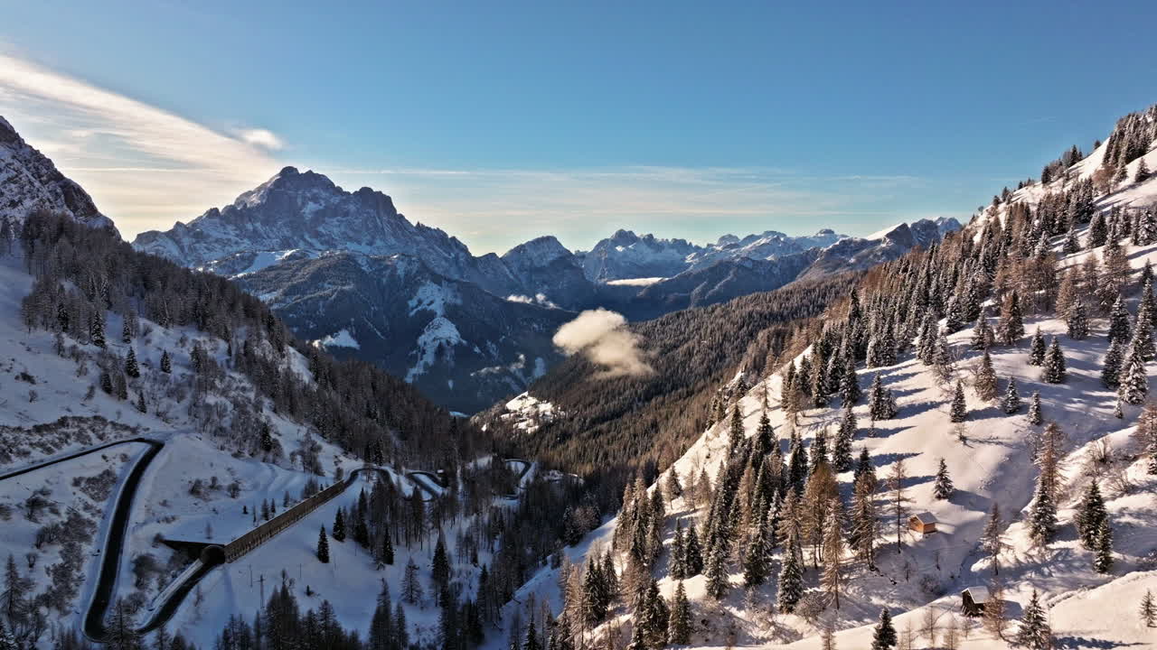 Aerial drone view of the Giau Pass high mountain pass in the Dolomites, Italy