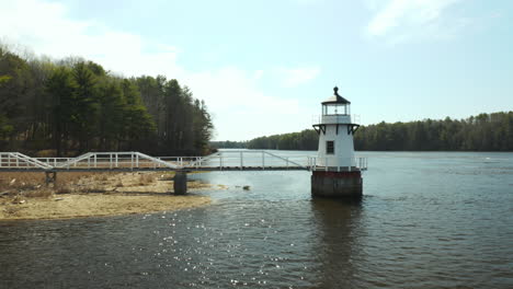 scenic aerial flyby of doubling point lighthouse, arrowsic, maine, usa