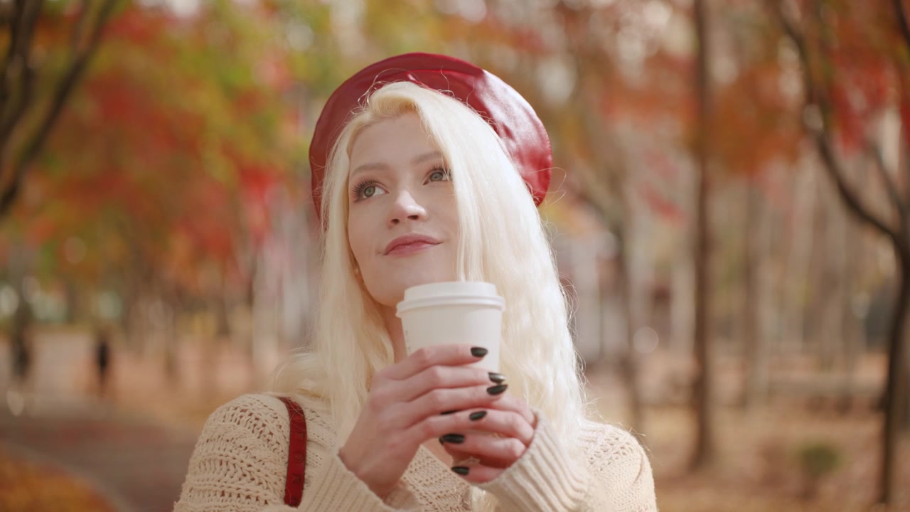 Blond europeisk kvinne som nipper til en drink og går smilende i Forest Park, omgitt av høstens skjønnhet, medium nærbilde av hodet, sakte film.