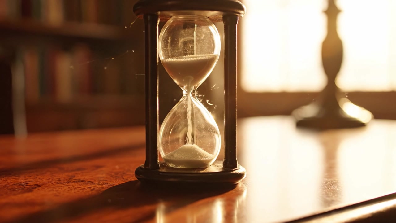 Eine elegante Sanduhr, die die Essenz der Zeit in warmem Licht einfängt, ruht auf einer polierten Holzoberfläche vor einem gemütlichen Bibliotheks-Hintergrund.