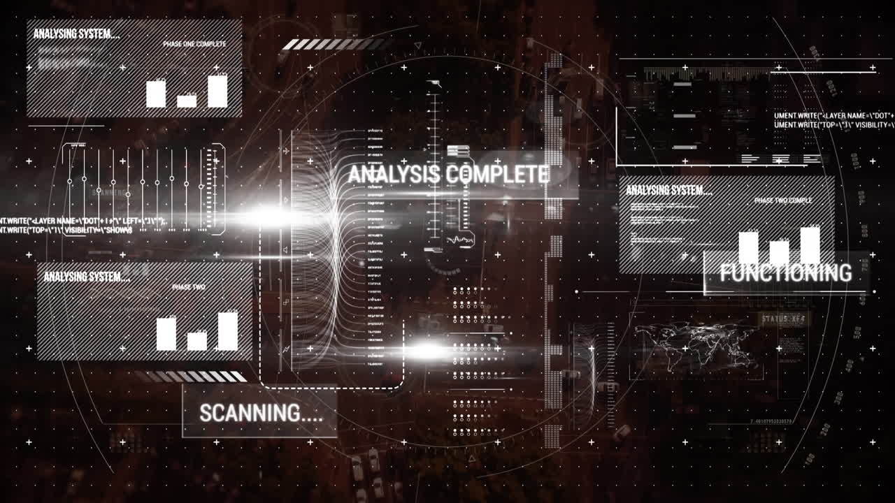 Animation of data processing and statistics on screen over cityscape
