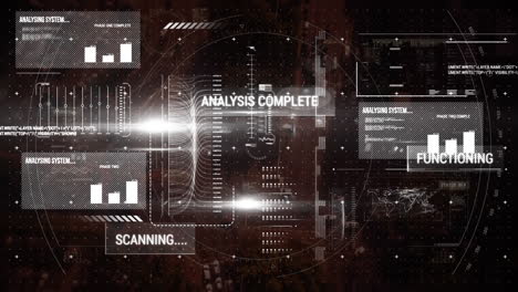 animation of data processing and statistics on screen over cityscape