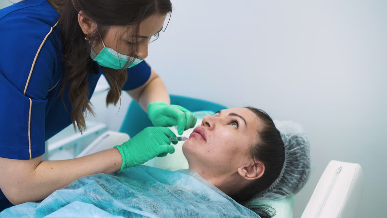 esteticista con guantes hace inyección de aumento de labios