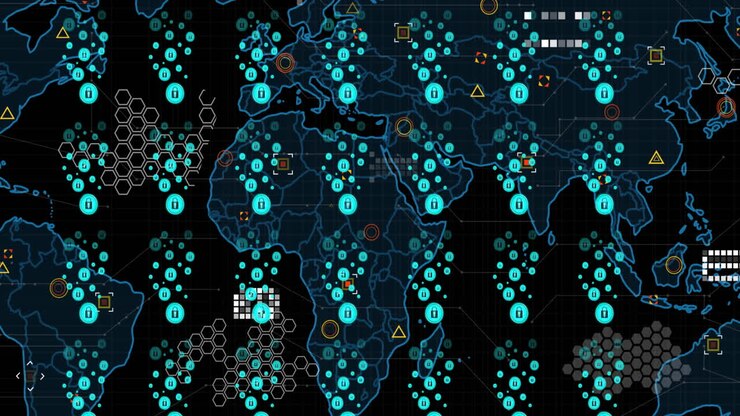 Animation of padlock security icons and data processing over world map