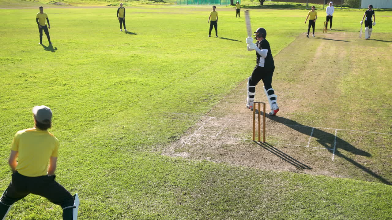 Cricket players on field, batsman ready to hit, teammates positioned strategically