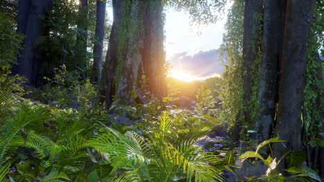 beautiful sunny morning in green forest with butterflies