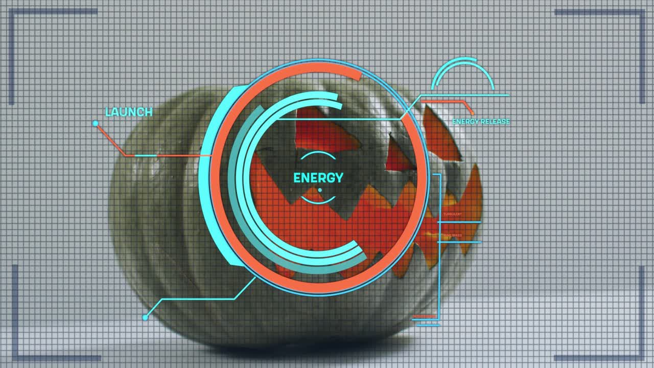 Turquoise dot scanning pumpkin activating HUD rings and labels showing energy launch metrics rising