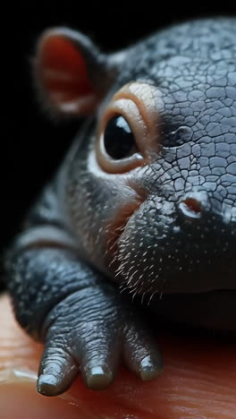 a baby hippo is sitting on a person's hand. the baby hippo is small and cute