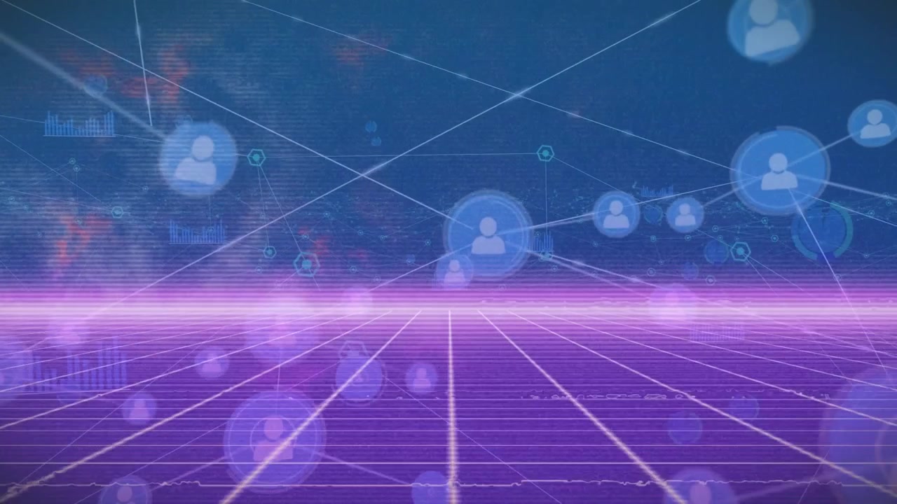 Connessione di rete digitale e icone dei social media su sfondo a griglia retrò