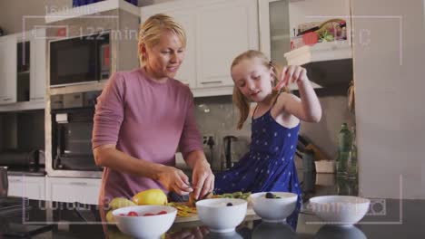 Animation-of-video-recording-interface,-with-happy-mother-and-daughter-in-kitchen-cooking