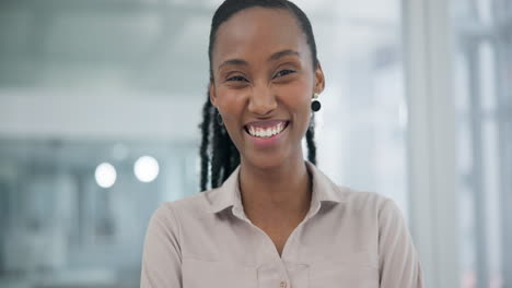 happy, african woman and portrait with arms
