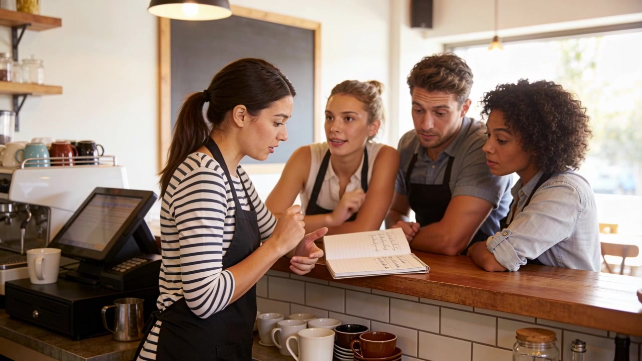 Barista in grembiule che indica e guida tre dipendenti appoggiati al bancone, mentre scrivono ordini su un taccuino.