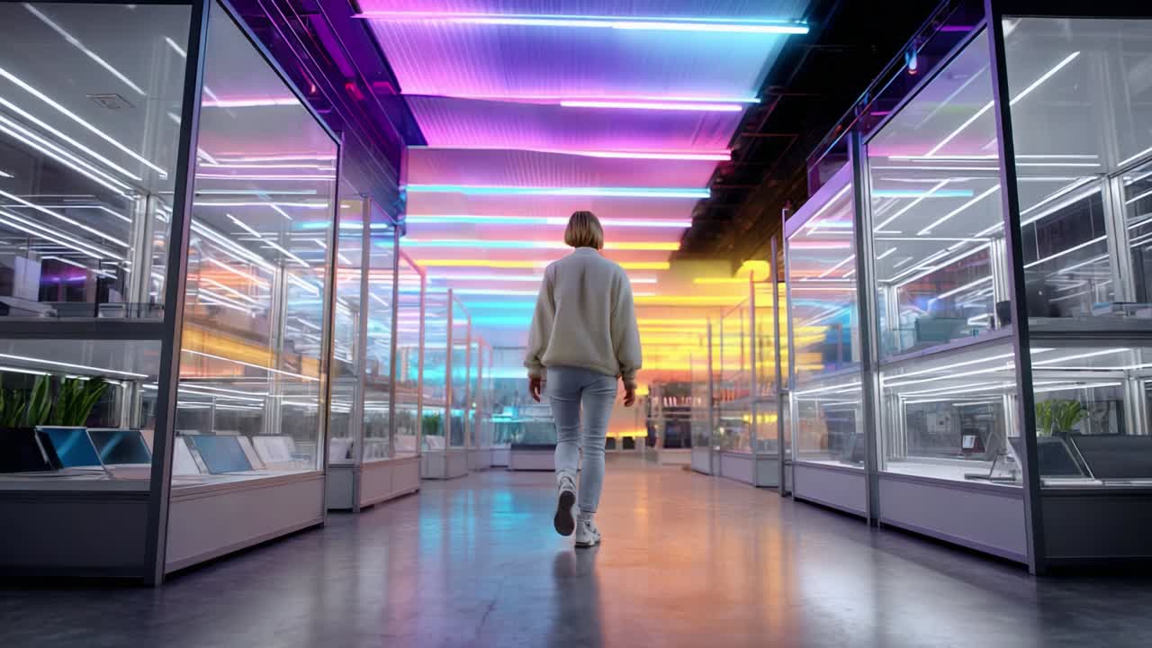 A person walks through a modern, brightly lit exhibition space, featuring vibrant neon lights and glass displays showcasing futuristic technology and innovative designs, creating a captivating atmosphere