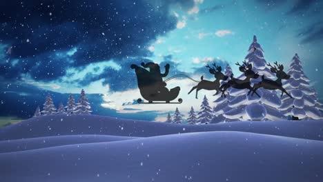 Animation-Des-Weihnachtsmanns-Im-Schlitten-Mit-Rentieren,-Der-über-Eine-Verschneite-Winterlandschaft-Fährt