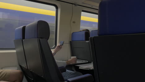 view of men in the train and working with laptop on the table and drinking against window netherlands