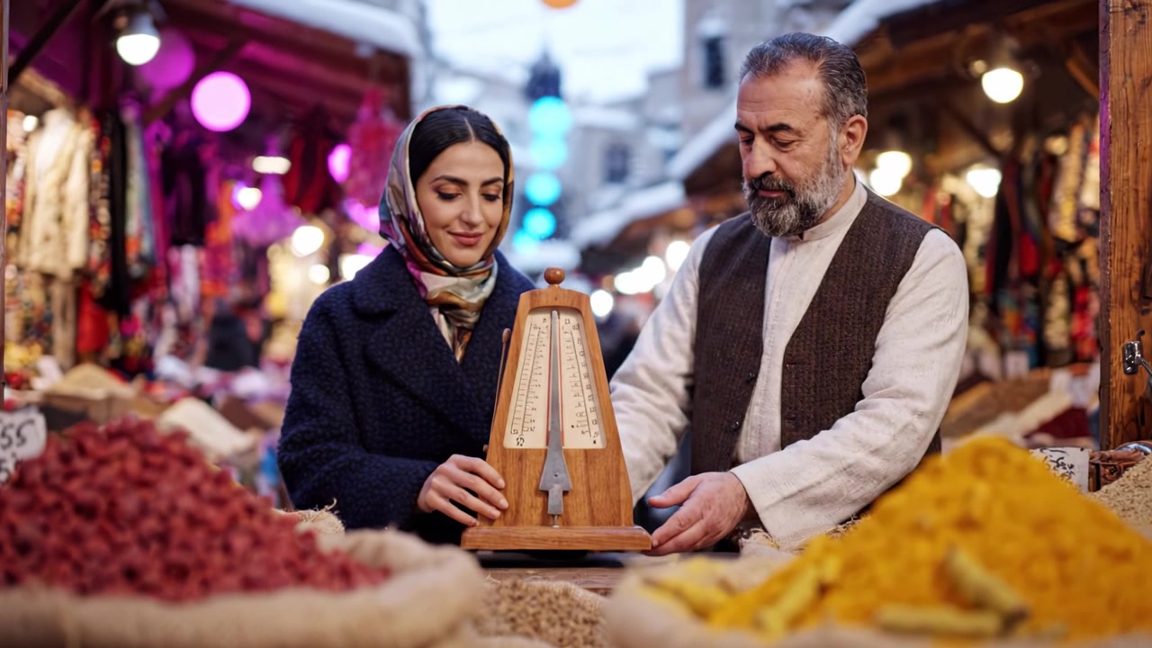 Un vivace mercato che espone spezie vivaci in un ambiente tradizionale, con una bilancia in primo piano mentre un venditore e un cliente interagiscono su colorate selezioni di spezie.