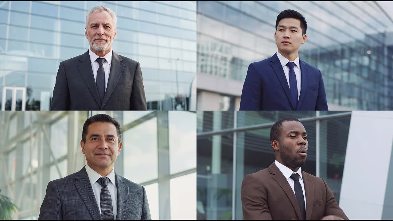 Quattro ritratti di uomini d'affari professionisti in un ambiente d'ufficio moderno