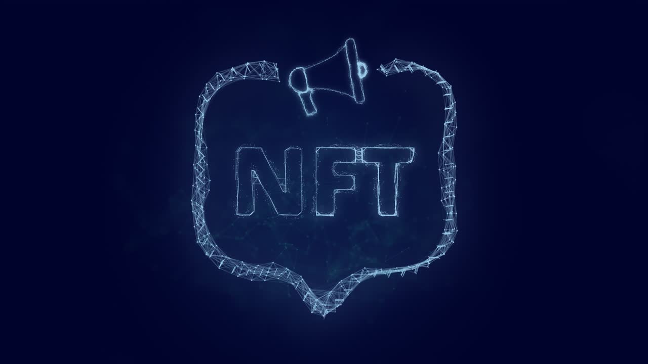 estandarte de megáfono con burbuja de habla y texto nft. estilo plexus de puntos y líneas brillantes verdes