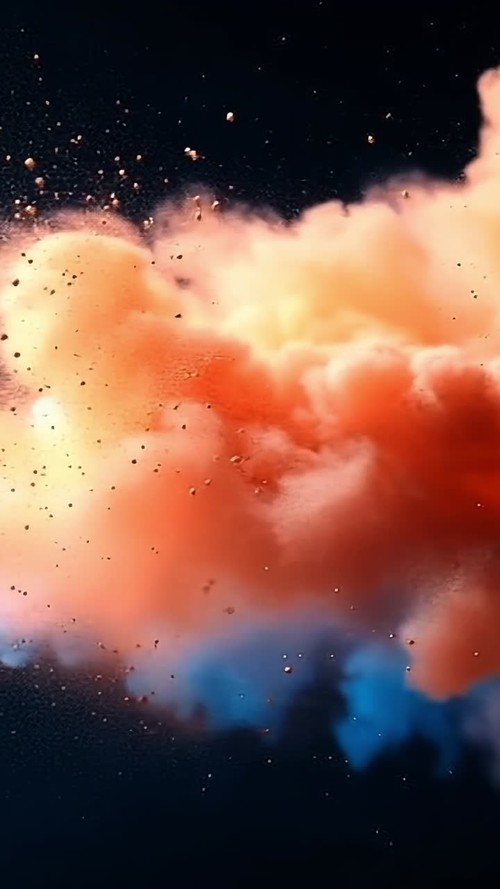 Vibrant smoke cloud in the air. A vibrant cloud of orange and blue smoke billows dramatically in a dark space, creating an abstract visual display.