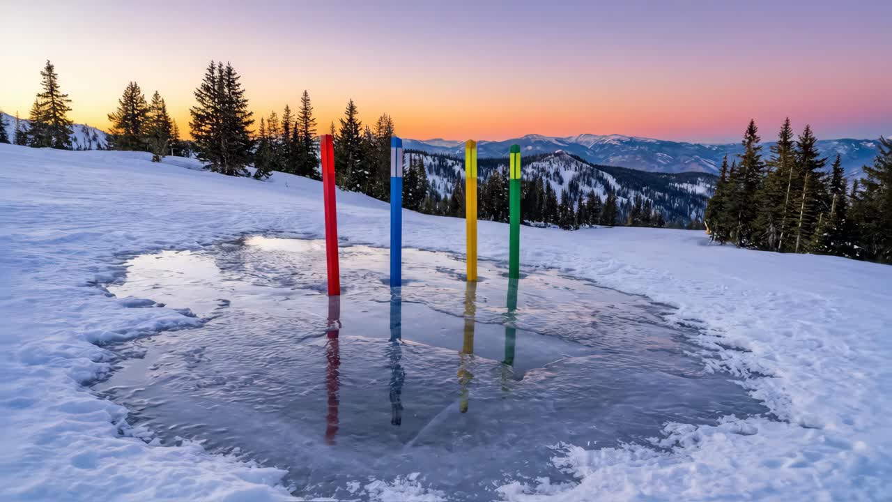 Colorful Poles Reflected in Ice on a Snowy Mountain at Sunset