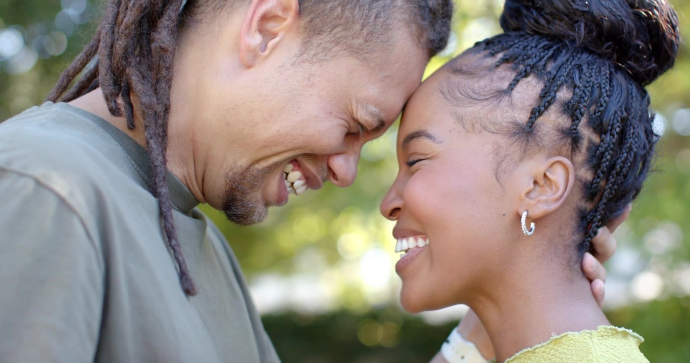 African American couple, woman resting hand on chest lifting cradling neck tenderly in park watch