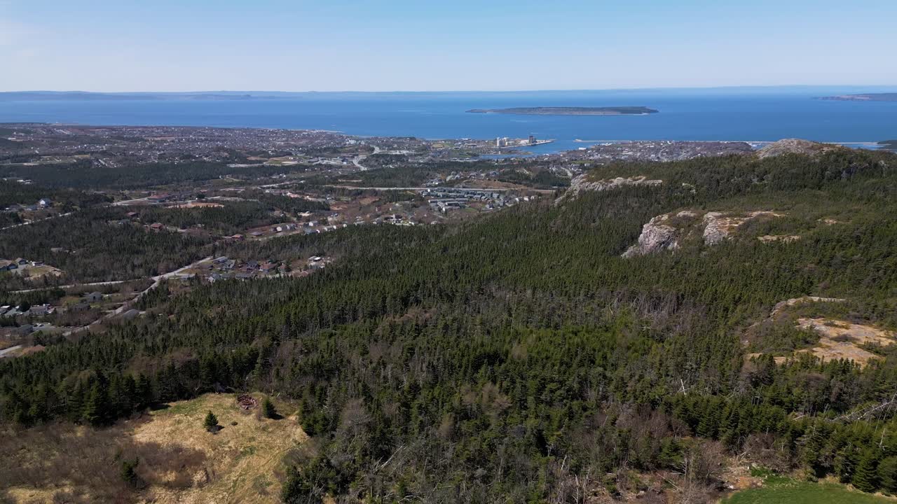 Wide Drone shot disaplying all of Conception Bay South from the top of Minerals Road in CBS, Newfondland, Canada